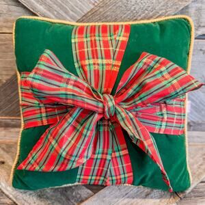 Green Velvet Christmas Gift Holiday Throw Pillow w/ Red Plaid Bow and Gold Trim